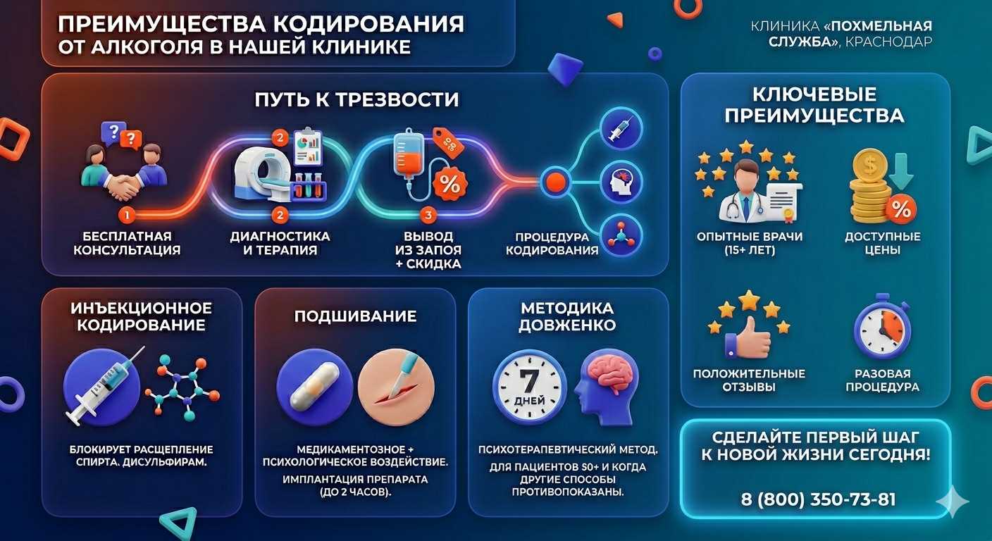 Инфографика о методах кодирования от алкоголя в Выборге: инъекции, подшивание, метод Довженко. Преимущества клиники и этапы лечения.