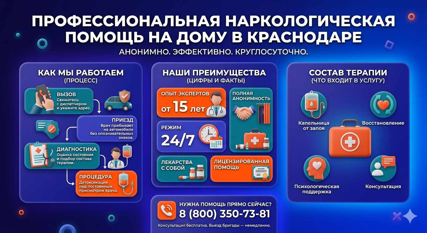 Инфографика о принципах лечения алкоголизма на дому в Выборге: этапы вызова нарколога, преимущества анонимной детоксикации и состав медицинской помощи.